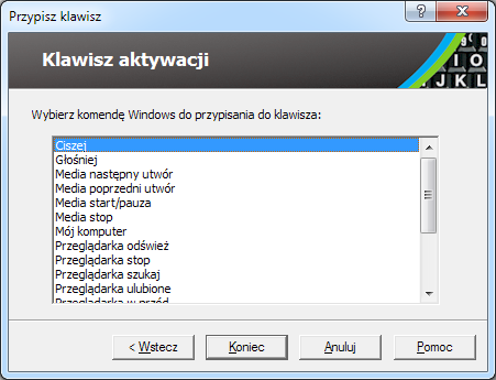 32 Przypisywanie komend Windows Po wybraniu jednej z opcji wybierz komendę Windows z listy w kreatorze przypisywania klawiszy pojawi się poniższy dialog.