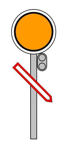 sygnał Sr 3 Wolna droga ze zmniejszoną prędkością" Dzienny Nocny Okrągły dysk pomarańczowy z czarnym pierścieniem i białą obwódką, a pod nim biała strzała z
