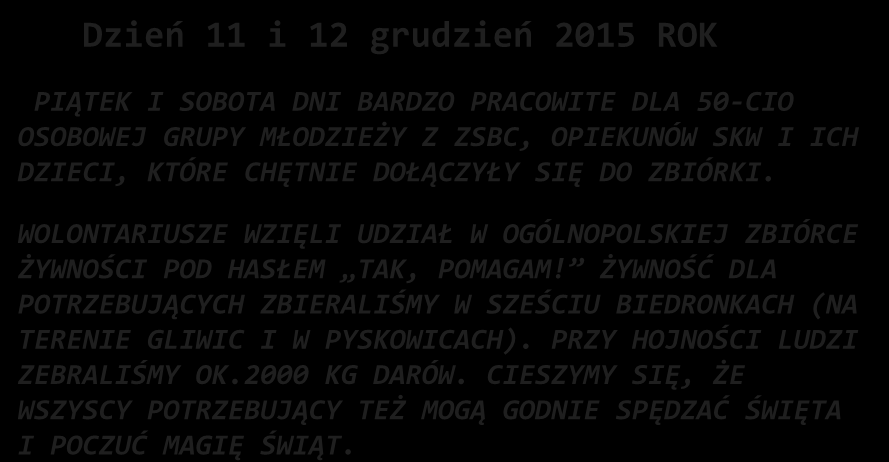 Dzień 11 i 12 grudzień 2015 ROK PIĄTEK I SOBOTA DNI BARDZO PRACOWITE DLA 50-CIO OSOBOWEJ GRUPY MŁODZIEŻY Z ZSBC, OPIEKUNÓW SKW