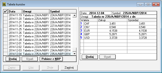 Rys. 92 Kartoteka Kursy 5.6.2.1 Wprowadzanie pozycji tabeli kursów walut Po kliknięciu przycisku Dodaj po stronie skorowidza w lewej części okna, można wprowadzać kursy walut w tabeli znajdującej się w prawej części okna.