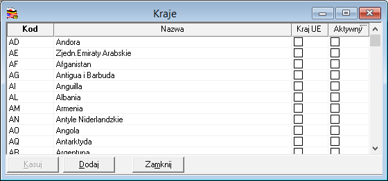 5.7 Kartoteka Kraje Kartoteka Kraje zawiera listę wszystkich krajów wraz z ich oficjalnymi dwuliterowymi symbolami. Rys.