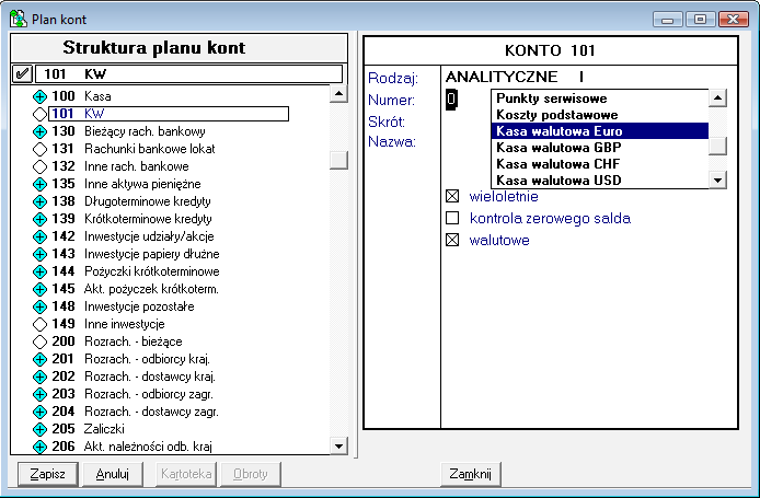 6.2.3.1.1 Dodawanie słownika do planu kont Słownik wprowadzony do kartoteki Słowniki można podpiąć w Planie Kont jako analitykę. Rys. 105 Dodawanie nowego słownika Kasa walutowa EURO.