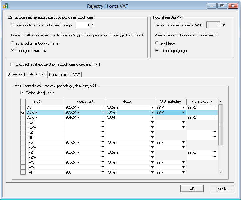 6.3.2.1.2 Maski kont Rys. 109 Okno Maski kont W panelu Maski kont dostępna jest możliwość zdefiniowania masek kont, które mogą być podpowiadane podczas wprowadzania dokumentów VAT.