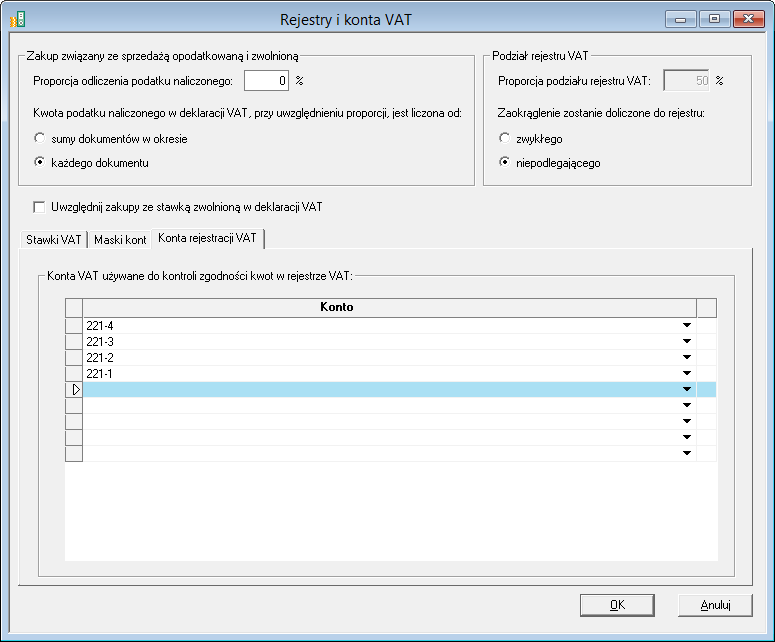 Rys. 110 Okno Konta rejestracji VAT W programie Finanse i Księgowość funkcjonuje mechanizm weryfikacji poprawności zapisów księgowych z rejestrami VAT, który podczas zapisywania dokumentów