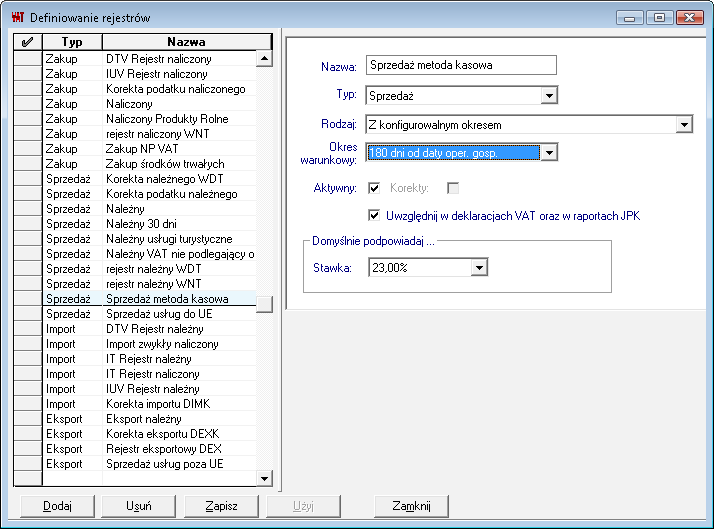 Aby tworzony rejestr był uwzględniany w deklaracjach VAT zaznacz Uwzględnij w deklaracjach VAT.