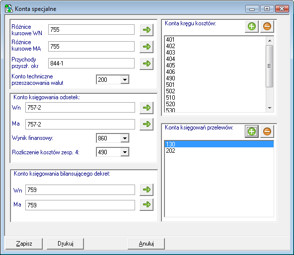Rys. 117 Ustawianie parametrów kont specjalnych W kolejnych polach należy podać numery odpowiednich kont, które mają być użyte do wymienionych operacji.