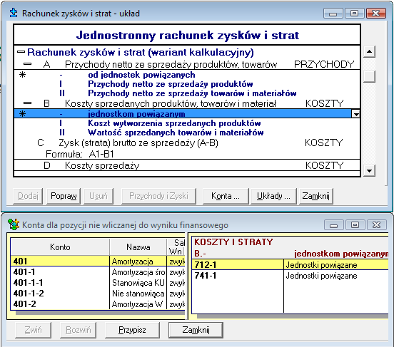 Rys. 138 Przypisywanie konta do pozycji rachunku zysków i strat pozycja niewliczana do wyniku finansowego Formułę obliczeniową można wprowadzać tylko dla pozycji, którym nie przypisano wcześniej kont