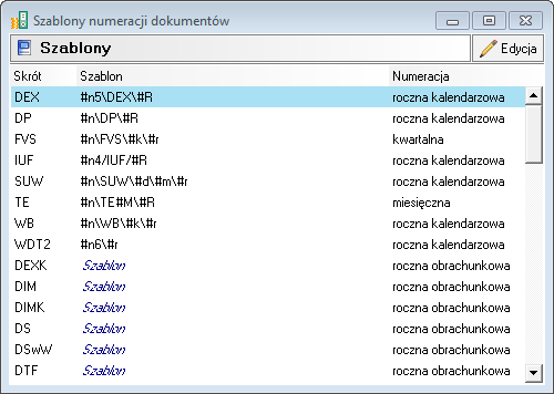 Rys. 151 Definiowanie szablonów numeracji ewidencyjnej dla poszczególnych typów dokumentów Istnieje możliwość zmiany szablonów numeracji dla dokumentów księgowych zapisanych do bufora.