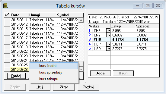 Rys. 177 Działanie przycisku Waluta w oknie uzupełnianego w buforze dokumentu eksportowego Przed wprowadzeniem waluty i kursu walutowego użytkownik powinien wprowadzić właściwą datę dla dokumentu.