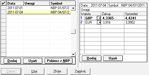 W kolumnie, po kolumnie Opis, wyświetlane są kody walut umożliwiające utworzenie dokumentu walutowego (wielowalutowego).