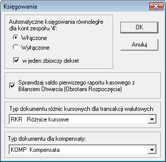 Rys. 211 Ustawienie opcji Sprawdzaj saldo pierwszego raportu kasowego z Bilansem Otwarcia (Obrotami Rozpoczęcia) 7.3.12.