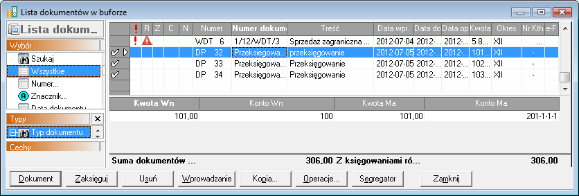 Rys. 251 Dokument przeksięgowania - Polecenie Księgowania (z kont z rozrachunkami). Z zakładki Wynik - przyciskiem Eksport - można wyeksportować wyniki do programu MS Excel. Rys.