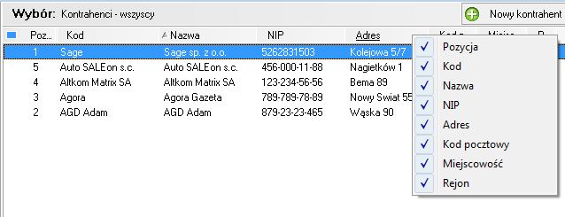 Rys. 6 Kartoteka Kontrahenci - wybór kolumn Zostanie otwarte menu kontekstowe, w którym należy wybrać z listy właściwe tytuły kolumn.