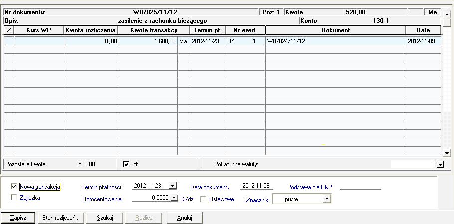 Rys. 280 Okno edycji rozrachunków z dokumentu Pod tabelką w polu Pozostała kwota program podaje informację o nierozdysponowanej kwocie dokumentu; pole jest uaktualniane w miarę wpisywania przez