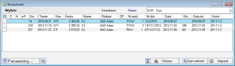 również transakcje wprowadzane w dewizach z "koszyka euro". Każdy z wyświetlanych rozrachunków jest identyfikowany przez następujące informacje: Z znacznik dokumentu. N notatka do dokumentu.