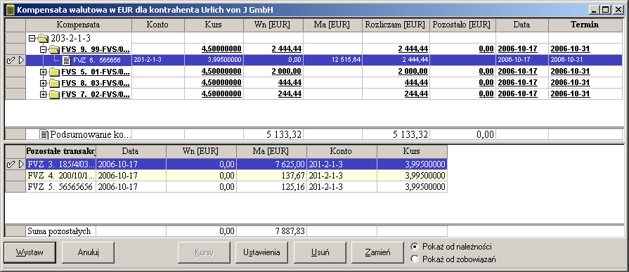 Rys. 309 Kontrahenci z dokumentami do kompensaty walutowej W otwartym oknie wskaż kontrahenta z przypisaną do niego walutą.