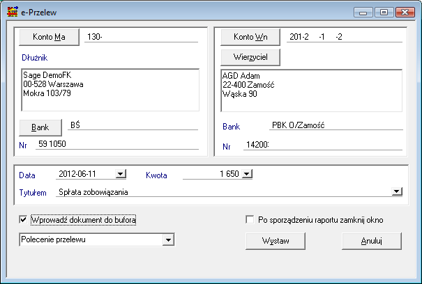 Rys. 315 Okno ze szczegółami polecenia przelewu elektronicznego otwierane ikonką 7.9.12.