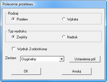 Typ wydruku: Zwykły - wybranie tej opcji umożliwi wygenerowanie przelewu kolorowego. Aby go wydrukować należy posiadać drukarkę umożliwiającą wydruk w kolorze.