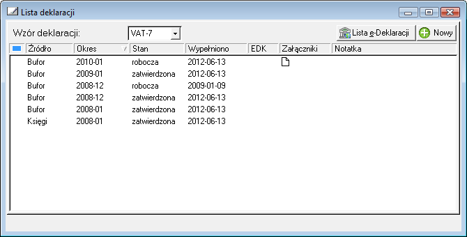 Rys. 431 Okno Lista deklaracji Aby wprowadzić nową deklarację podatkową należy wybrać z rozwijanej listy Wzór deklaracji w nagłówku okna, a następnie przycisk polecenia Nowy.