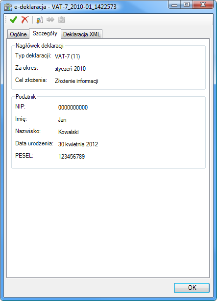 Rys. 452 Okno informacji o e-deklaracji panel Ogólne W panelu Ogólne można zobaczyć nazwę deklaracji, z jaką firmą lub grupą firm jest związana oraz z jakiego modułu lub programu została wygenerowana.