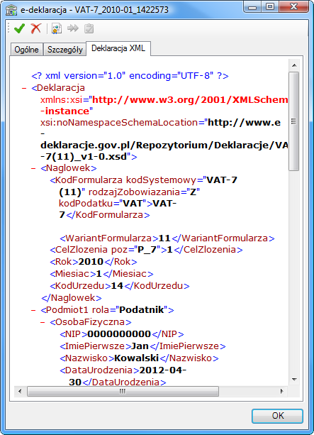 Rys. 454 Okno informacji o e-deklaracji panel Deklaracja XML W panelu Deklaracja XML można przejrzeć zawartość pliku XML deklaracji.