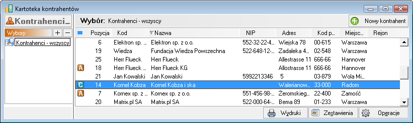 Szybkie wyszukiwanie pozycji można stosować w kartotekach kontrahentów stałych, kontrahentów incydentalnych, pracowników i urzędów.