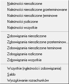 Saldo [S], Wyszukiwanie rozrachunków [U]. W zestawieniach Należności nierozliczone wszystkie oraz Zobowiązania nierozliczone wszystkie wykazywane są również należności/zobowiązania bez terminu.