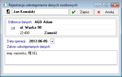 Aby otworzyć z formularza kontrahenta okno Rejestracja udostępnienia danych osobowych należy: 1. nacisnąć przycisk Informacje, z rozwiniętego menu wybrać pozycję Dane osobowe, 2.