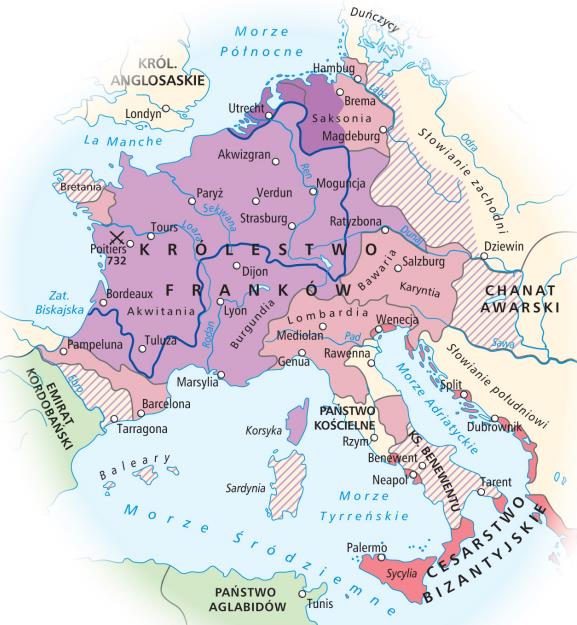 800 rokkoronacja cesarska w Rzymie Rozszerzenie granic: podbój Saksonii (Sasi), Italii (Longobardowie), Hiszpanii (Arabowie), Słowianie Zachodni, Awarowie, podporządkowanie Bawarii (obecnie Niemcy).