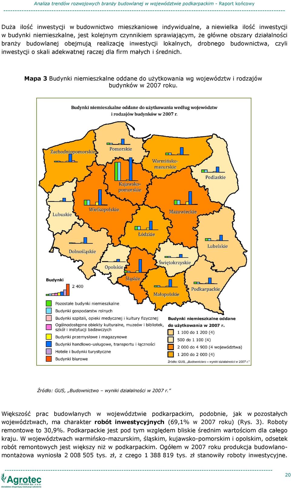 adekwatnej raczej dla firm małych i średnich. Mapa 3 Budynki niemieszkalne oddane do uŝytkowania wg województw i rodzajów budynków w 2007 roku. Źródło: GUS, Budownictwo wyniki działalności w 2007 r.