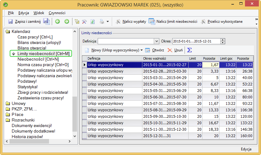 Kalendarz / Limity nieobecności Wybrane nieobecności czas ich trwania mogą podlegać ograniczeniu w trakcie roku.