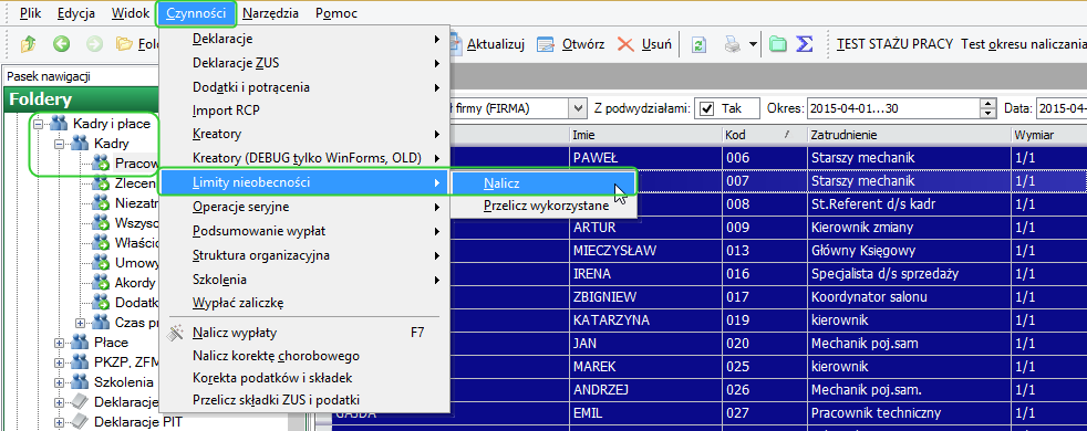 Limit urlopu wypoczynkowego dla pierwszej pracy Jeżeli pracownik ma uzupełnioną historię zatrudnienia oraz wykształcenia, wybierając przycisk Nalicz limit nieobecności, dla definicji Urlop