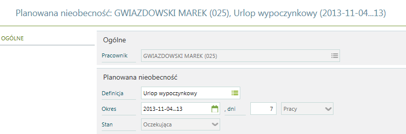 Kalendarz / Planowane nieobecności Zakładka widoczna w wersji platynowej programu jeżeli w konfiguracji systemu Kadry i Płace / Kalendarze / Definicje nieobecności, nieobecność Urlop wypoczynkowy na