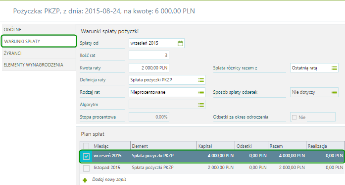 Pomniejszenie wkładu Przykład 2 Jeżeli wkład jest w kwocie większej niż miesięczna rata pożyczki, trzeba wcześniej zmienić ilość rat i kwotę.