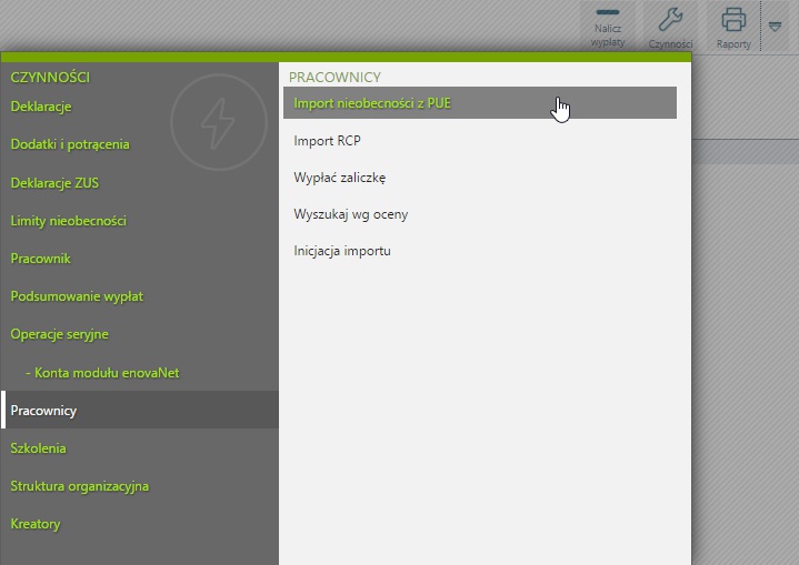 usuwana z danych etatowych pracownika, a jedynie zakończeniu ulega okres wypłaty. Import nieobecności z PUE. Opcja umożliwia zaczytanie nieobecności czyli e-zwolnień lekarskich w formacie.