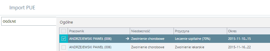 Po pobraniu e-zwolnień z platformy PUE, w celu wczytania nieobecności do programu enova, należy na liście Kadry i płace/kadry/pracownicy wybrać Czynności/Import nieobecności z PUE.