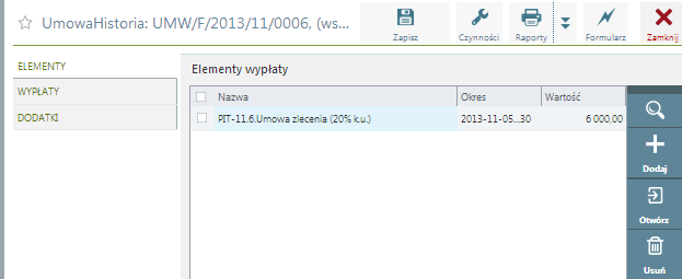 Płace / Umowy Lista zawiera wszystkie wypłaty z tytułu umów cywilnoprawnych zrealizowane w wybranym okresie. O umieszczeniu umowy na liście decyduje data jej wypłaty.