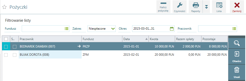 PKZP,ZFM, / Pożyczki Na liście wyświetlani są pracownicy, którzy posiadają pożyczkę. Możemy filtrować pracowników według następujących filtrów (kontekstów): Filtry Filtry - PKZP,ZFM,.