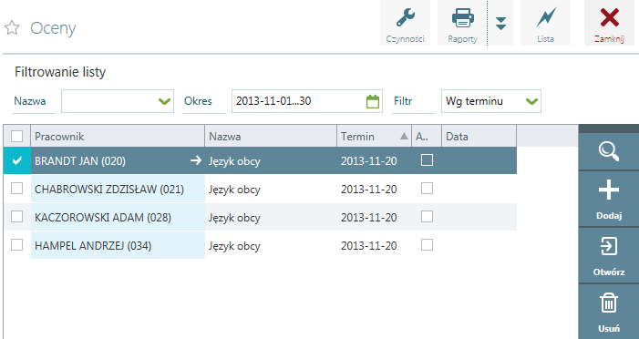 Oceny / Oceny W systemie enova informacje o ocenie pracowników wyświetlają się w postaci listy pracowników, wraz z nazwą kryterium wyszukania zdefiniowaną w konfiguracji programu Narzędzia / Opcje I