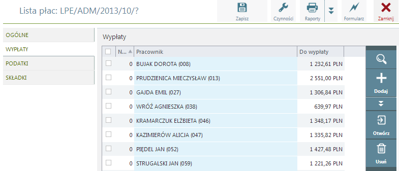 Listy płac Opcją dedykowaną naliczaniu wypłat jest: Płace / Listy płac. Nową listę płac wywołujemy przyciskiem: Dodaj.