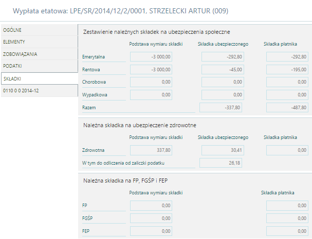 Nalicz wypłaty W wypłacie na zakładce składki pojawi się korekta składek emerytalnej i rentowej (będą na minusie).