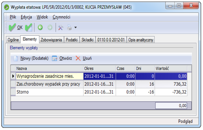 Wprowadzona korekta Następnie naliczamy wypłatę z datą wypłaty w lutym 2012, zaznaczamy edycję miesiąca ZUS na TAK, wybieramy miesiąca ZUS oraz