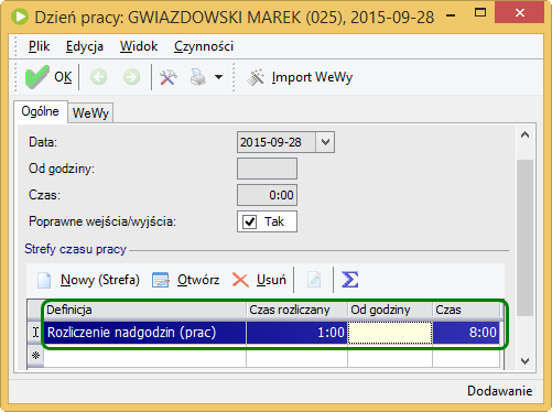 Rozliczenie nadgodzin strefę Praca w normie pomniejszamy o taką liczbę godzin, jaką oddajemy w postaci wolnego w naszym przypadku z 8 na 6.