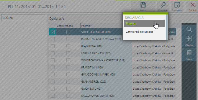 Informacje dla PIT-40 PIT 11 Generowanie deklaracji rocznych dla pracowników zaczynamy od wejścia na listę Kadry i płace/kadry/pracownicy następnie na listę Wszyscy wybieramy okres całego roku, za