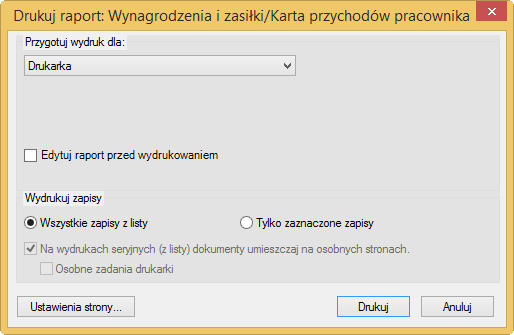 Aby wydrukować wszystkie deklaracje należy przejść do modułu Kadry i Płace/Deklaracje PIT/Deklaracja PIT 11, zaznaczyć wszystkie osoby dla których chcemy zrobić wydruk.