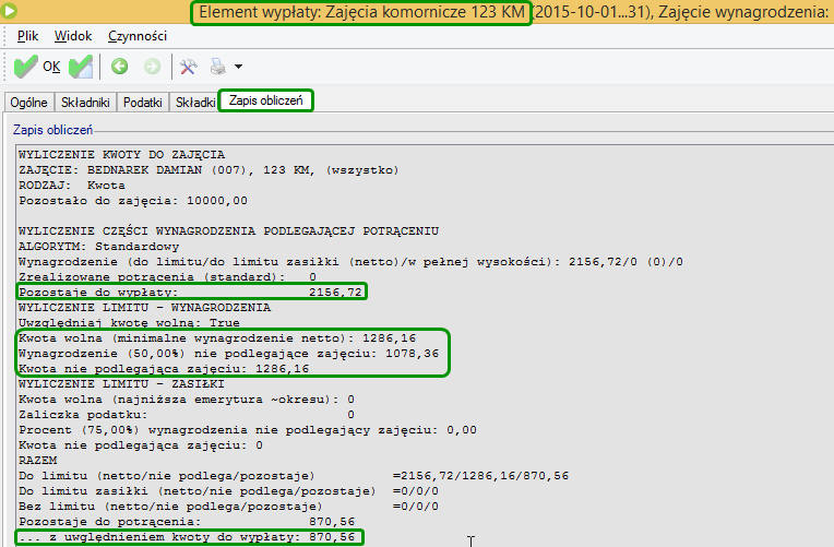 Obliczenie wypłaty brutto: 3 000 zł do wypłaty: 2 156,72 zł netto kwota wolna w 2015 roku ( przy kosztach uzyskania 111,25 i uldze podatkowej 46,33): 1 286,16 PLN max kwota zajęcia do limitu 50%: 2