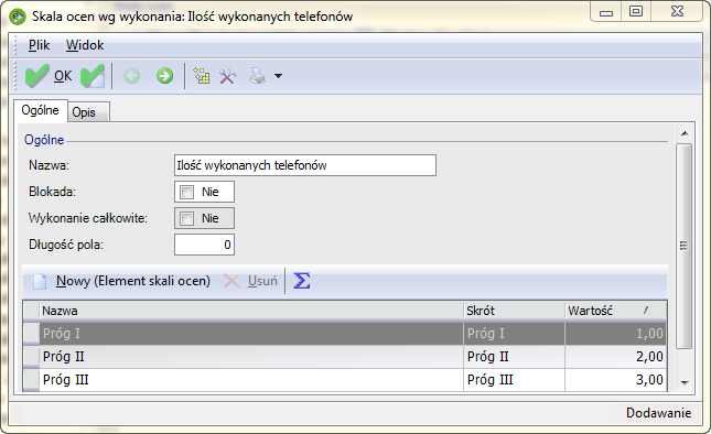 Skala ocen wg wykonania Na formularzu definicji skali ocen wg wykonania dostępne są zakładki: 1.