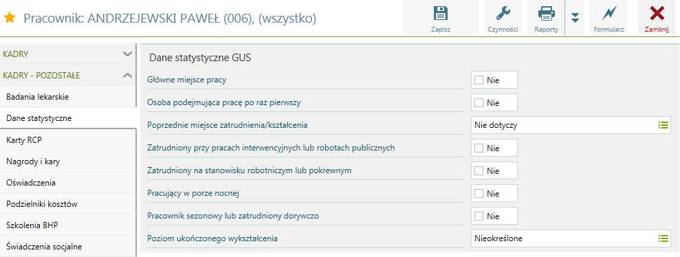 Kadry Pozostałe / Dane statystyczne Zgromadzone w programie dane pozwalają na przygotowanie deklaracji GUS.