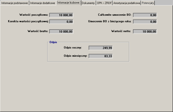 Informacje liczbowe: W zakładce tej umieszczane są informacje opisujące wartości liczbowe danego środka trwałego, jak jego wartość początkową w momencie przyjmowania do użytkowania, wartość brutto i