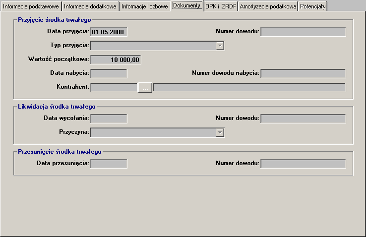 Na zakładce tej są umieszczane informacje o dokumentach, na podstawie których dany środek został przyjęty do użytkowania, ewentualnie wycofany z użycia (zlikwidowany), bądź zmienił miejsce